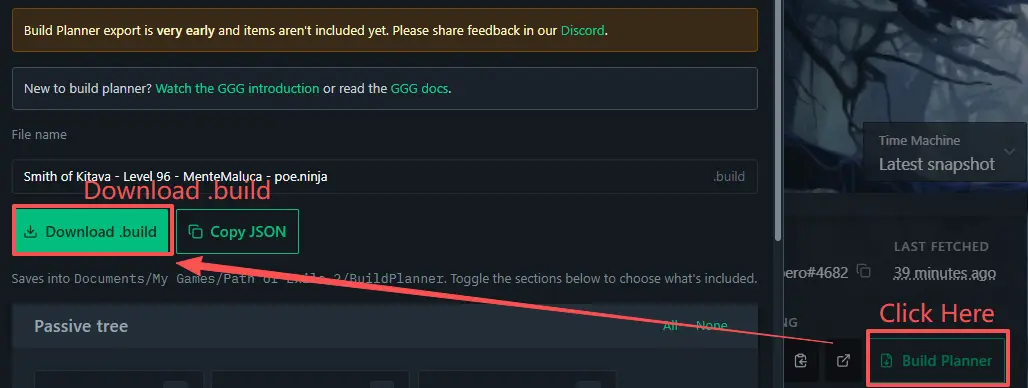Locate the export button on poe.ninja to grab your PoE2 build files How to Download .build Files from poe.ninja Planners